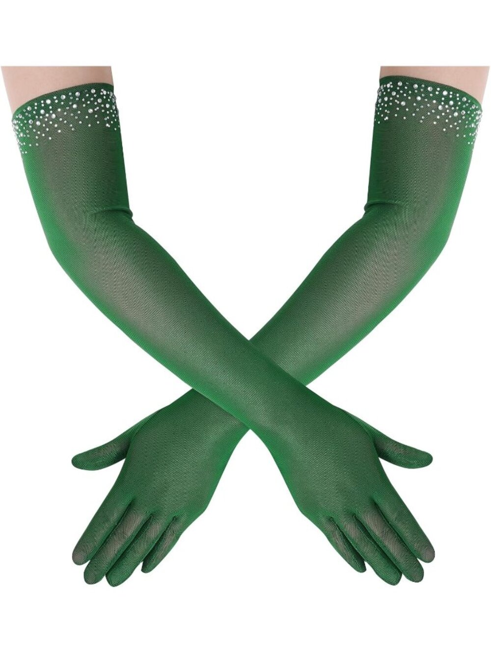 Women's Green Rhinestone Mesh Elegant Vintage Opera-length Wedding Gloves.